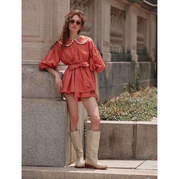 Free People Porto Top & Shorts Set S Orange Puff Sleeve Peter Pan Collar NWT - Picture 16 of 16